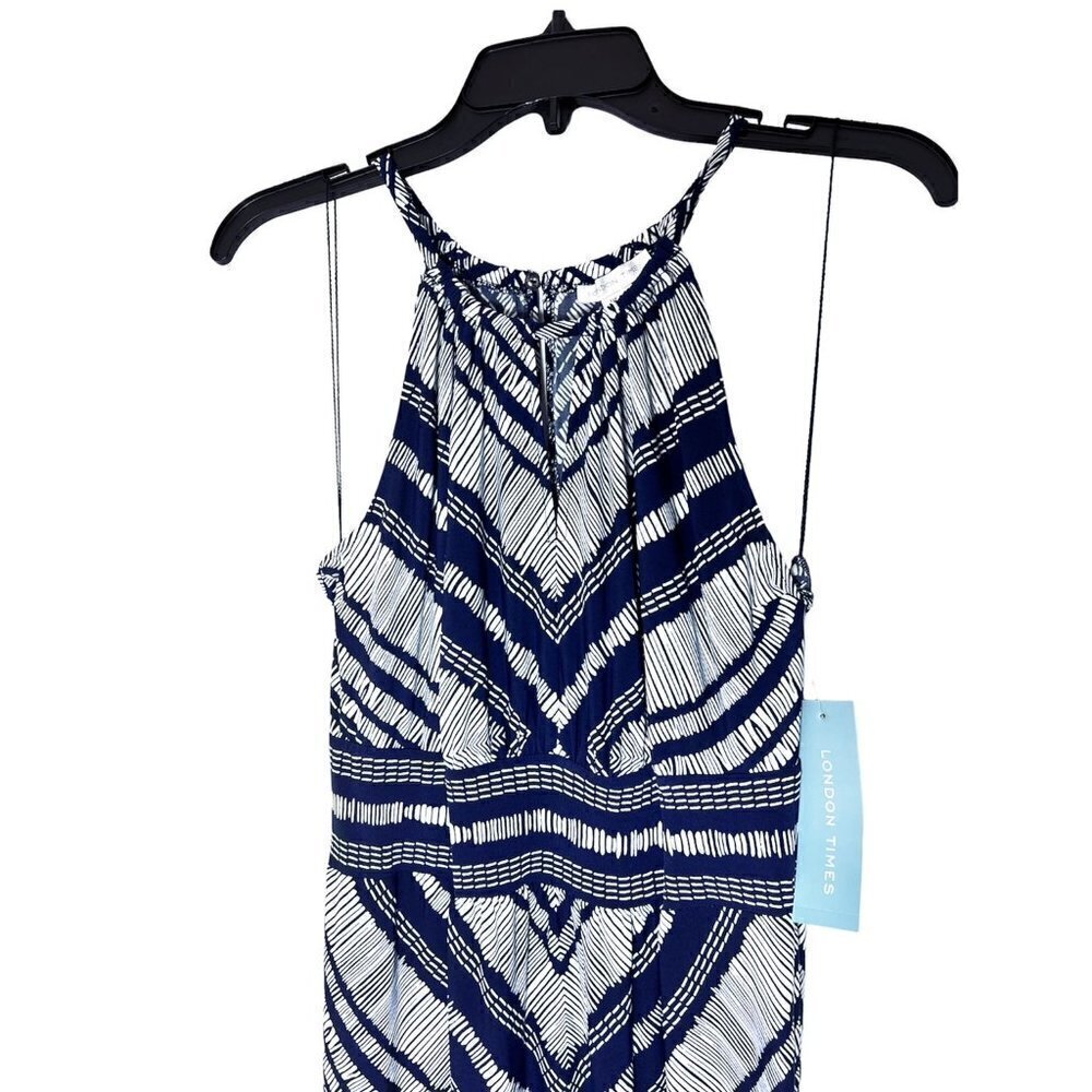 London Times Womens Blue Halter Diamond Print Jersey Knit Maxi Dress Sz 12 New - Picture 5 of 7